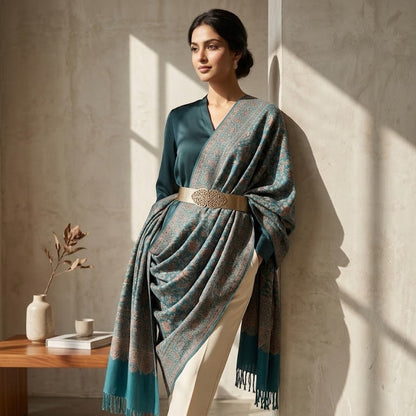 Woman wearing a teal shawl with a belt, standing in a sunlit room.
