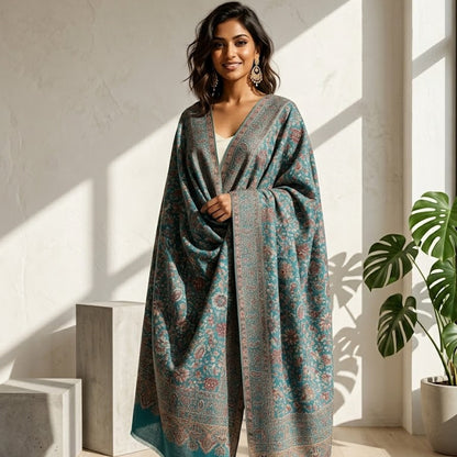 Woman wearing a patterned shawl in a bright room with sunlight streaming in.