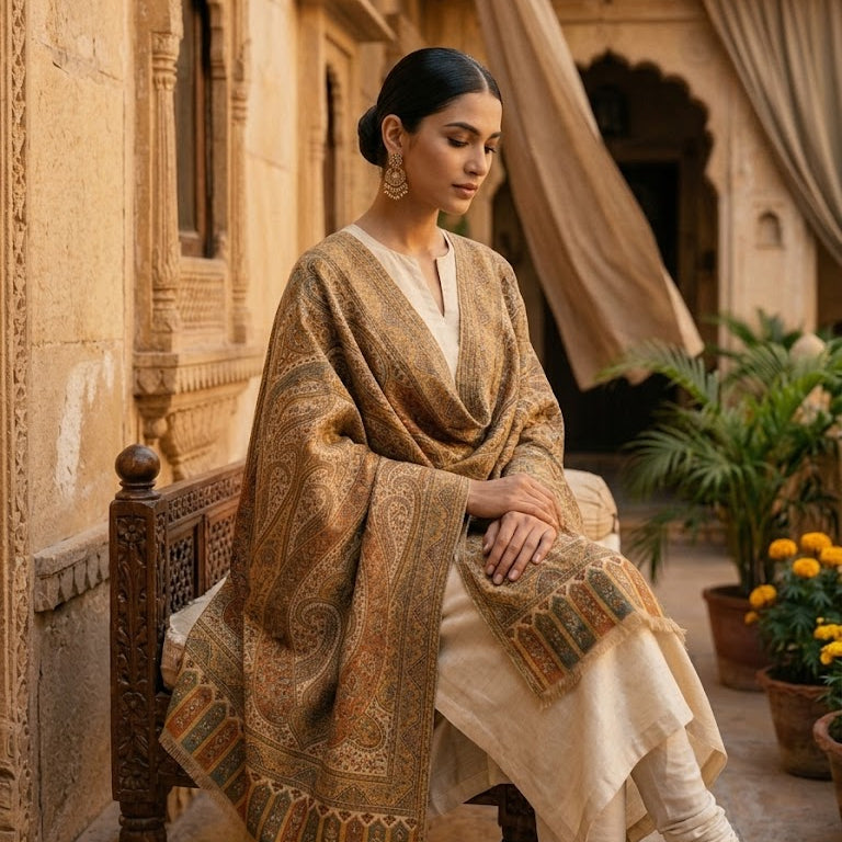 Woman in traditional attire sitting in a courtyard with architectural elements and plants.