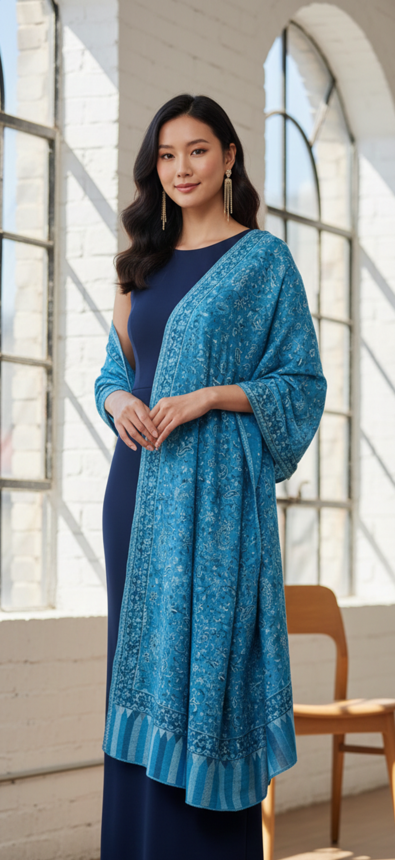 elegant blue shawl on a woman