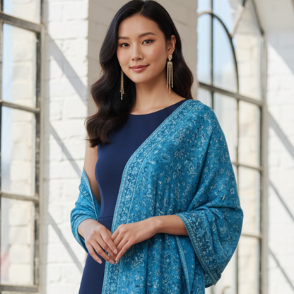 elegant blue shawl on a woman