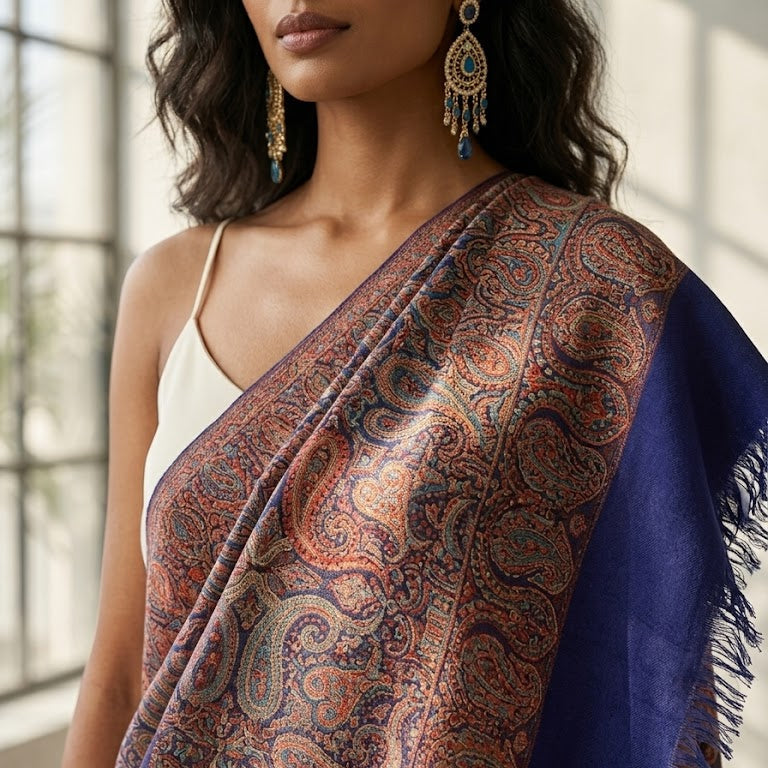 Silk wool Shawl in Deep Blue