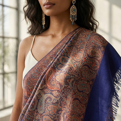 Silk wool Shawl in Deep Blue