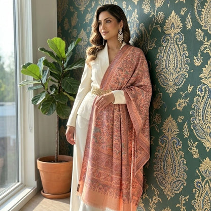 Woman in a white outfit with a pink patterned scarf leaning against a wall with decorative wallpaper.