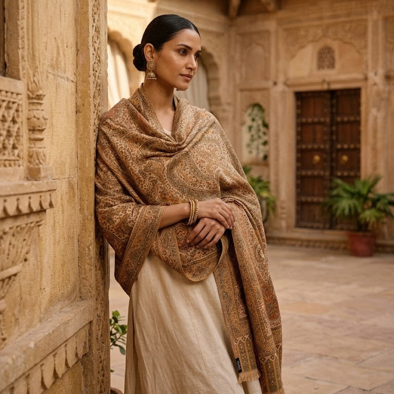 Woman in a beige shawl standing in an architectural courtyard