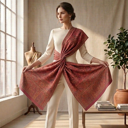 Woman holding a red patterned scarf in a room with a window and plant.