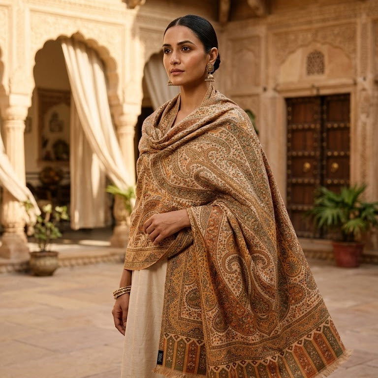 Woman wearing a patterned shawl in an architectural setting