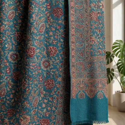 Floral patterned fabric draped over a window with a plant in the background