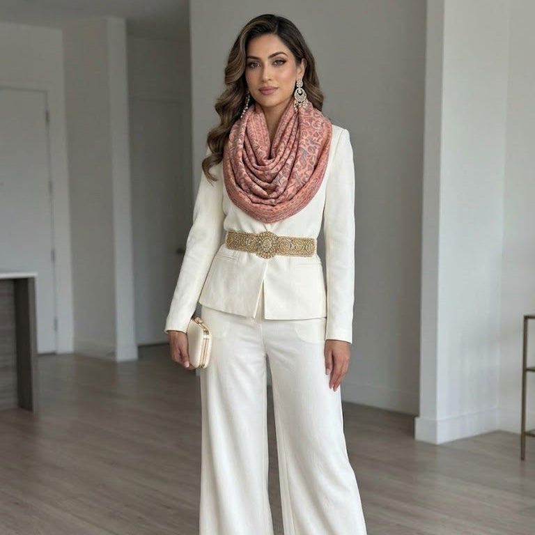 Woman in a white outfit with a pink scarf standing in a room with wooden flooring.
