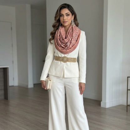 Woman in a white outfit with a pink scarf standing in a room with wooden flooring.