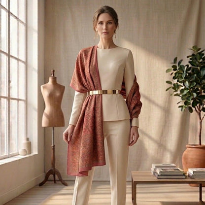 Woman in a beige outfit with a rust-colored cardigan standing in a well-lit room.