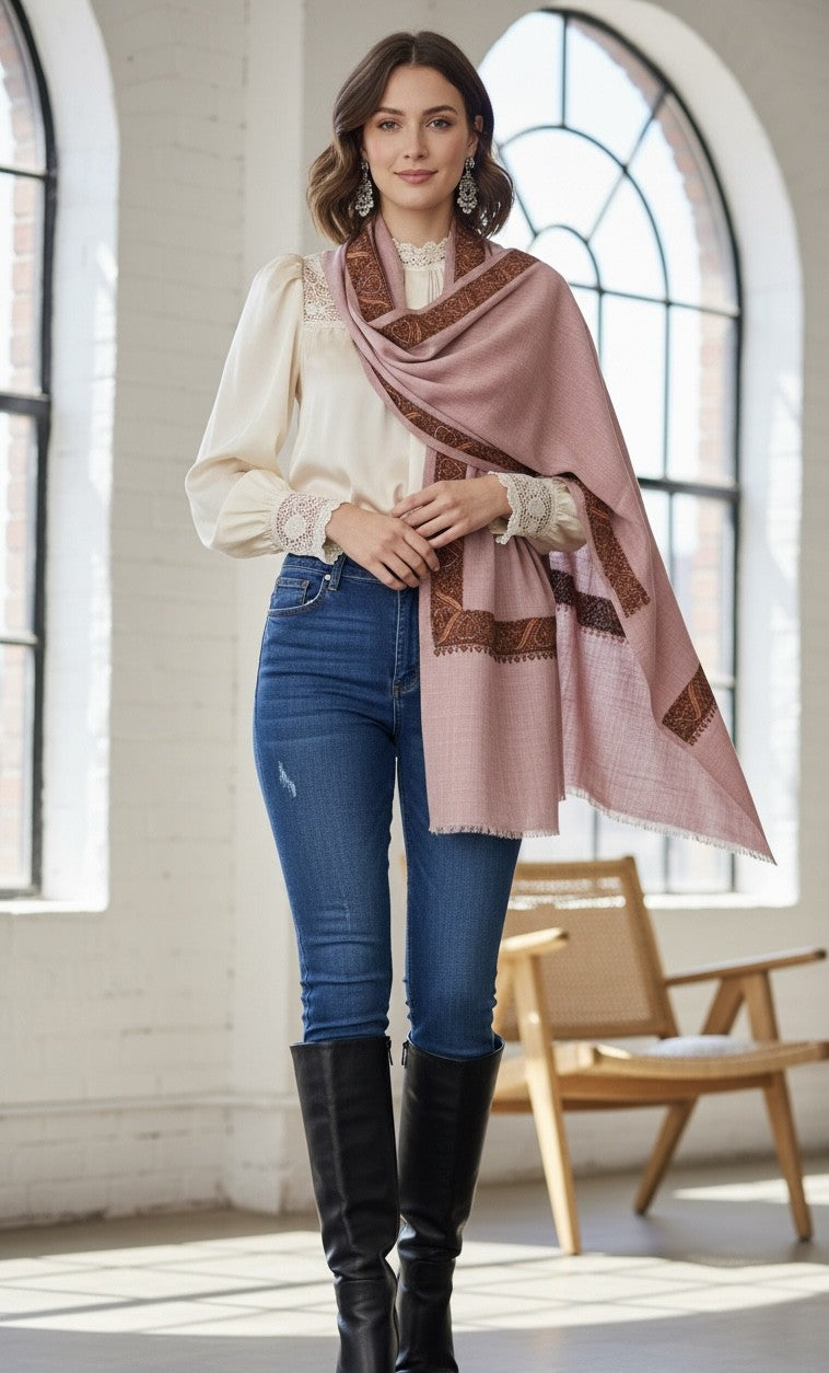 WOMENS SOZNI EMBELLISHED BORDER SHAWL - DUSTY ROSE PINK