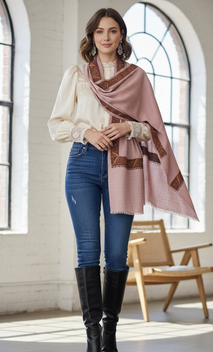 Women’s Wool Blend Shawl - Sozni-Inspired Border – Dusty Rose Pink