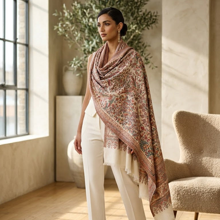 Woman wearing a patterned shawl in a room with large windows and a chair.