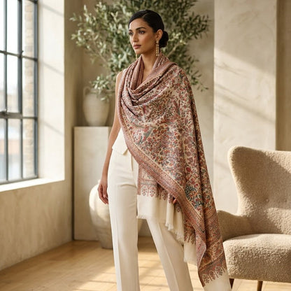 Woman wearing a patterned shawl in a room with large windows and a chair.