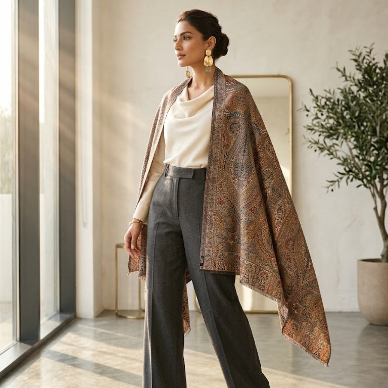 A woman stands in a sunlit indoor space wearing a cream top, dark charcoal wide-leg trousers, black pointed heels, and a large brown paisley shawl draped over her shoulders.
