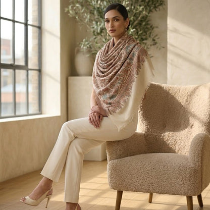 Woman sitting on a chair wearing a patterned shawl in a sunlit room.