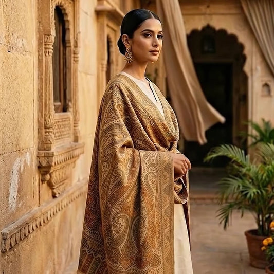 Yellow Kalamkari Wool Shawl - Paisley Design for Weddings & Gifting