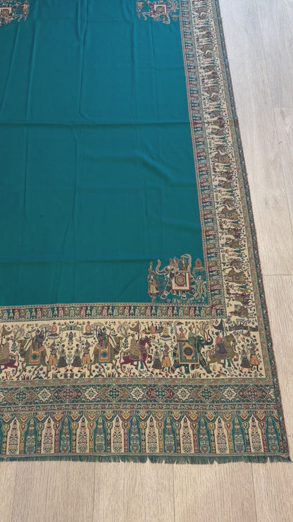 Teal Blue Kalamkari Wool Shawl - Double Border Paisley Design for Weddings & Gifting