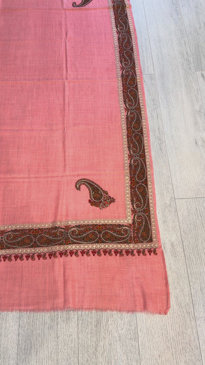 Pink Sozni Wool Blend Shawl - Zari Border Design for Evening Wear