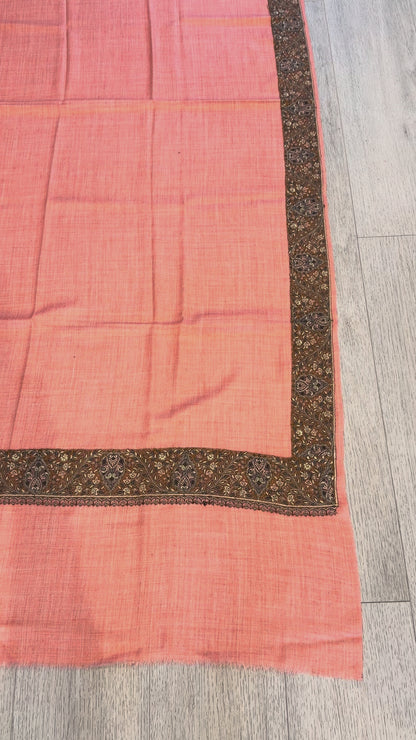 Peach Sozni Wool Blend Shawl - Border Design for Evening Wear