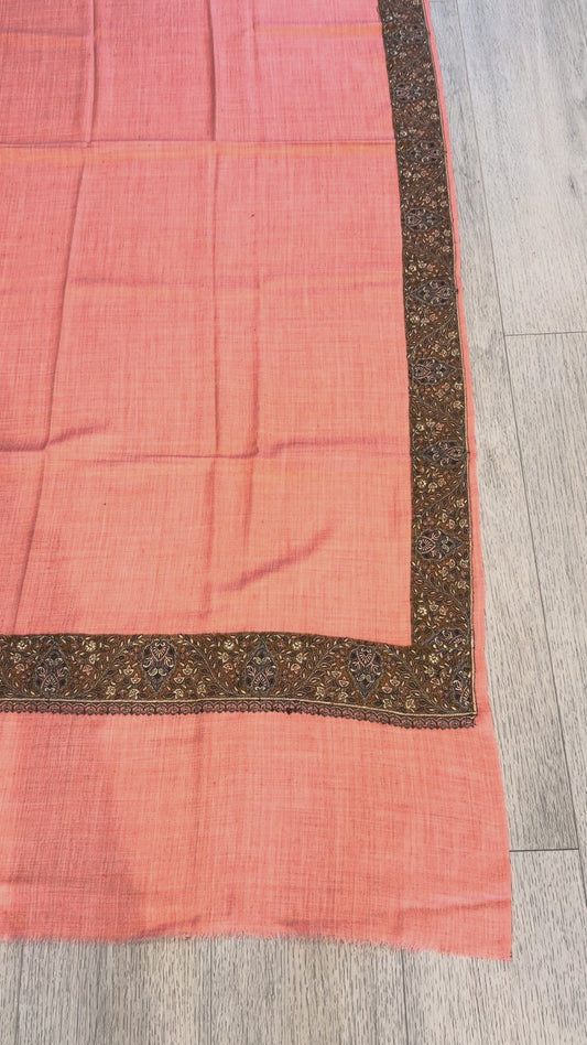 Peach Sozni Wool Blend Shawl - Border Design for Evening Wear