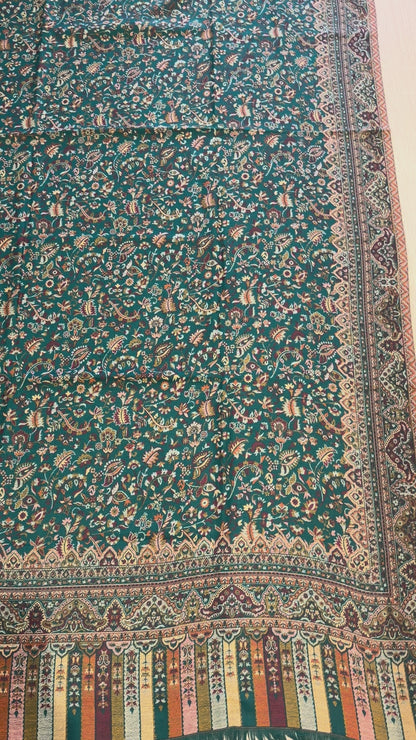 Peacock Blue Kani Wool Shawl - Floral Jaal Design for Everyday Wear