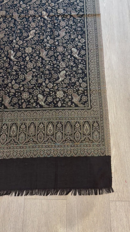 Black Kani Jamawar Shawl - Shimmer Embroidered Wrap for Evening Wear