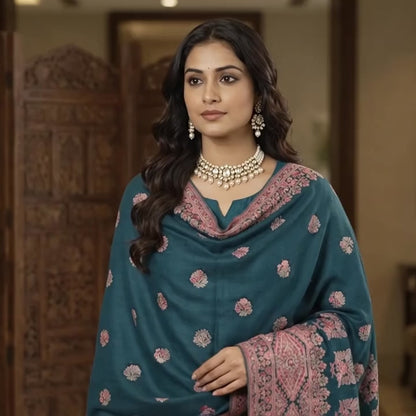 Black Kani Wool Shawl - Multifloral Border Booti Design for Everyday Wear