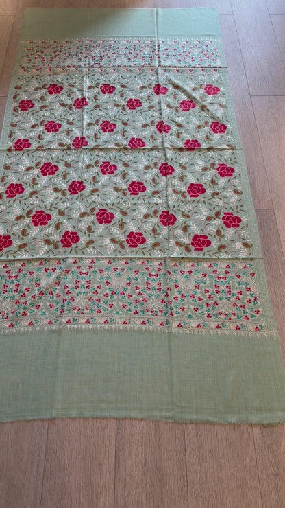 Sky Blue Nalki Rose Shawl - Embroidered Wool Blend Wrap for Everyday Wear