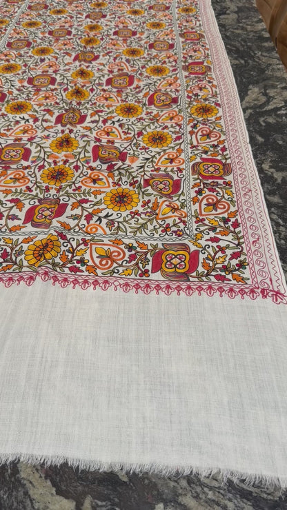 Ivory Nalki Pure Wool Jama Stole - Embroidered Wrap for Weddings & Festive Occasions