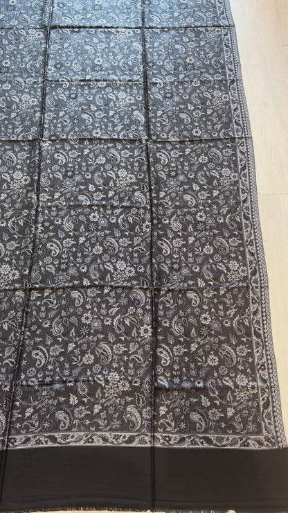 Charcoal Grey Silk Wool Kani Shawl - Lightweight Wrap for Everyday Wear