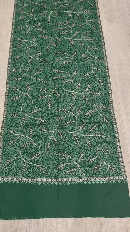 Green Nalki Wool Blend Stole - Embroidered Wrap for Everyday Wear
