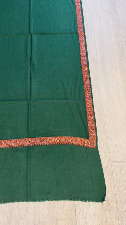 Green Sozni Wool Stole - Tilla Gold Embroidery Border