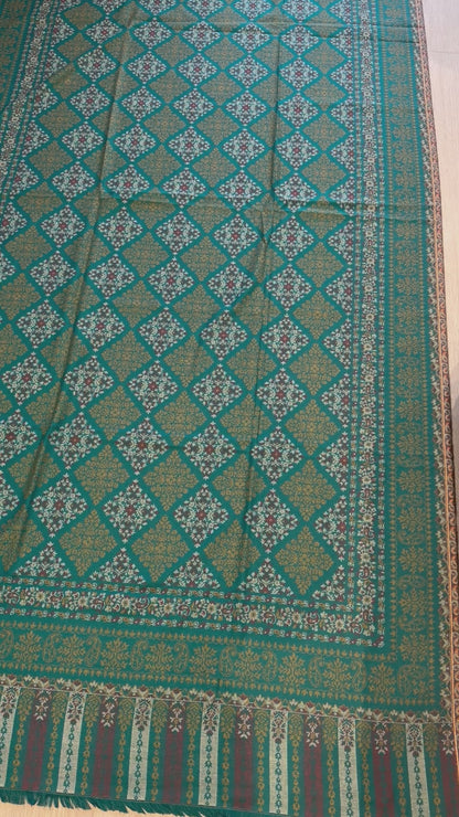 Blue Kani Wool Shawl - Gold Diamond Trellis Design for Everyday Wear