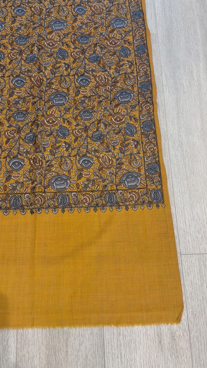 Ochre Yellow Sozni Wool Shawl - Jamawar Rose Embroidered Wrap for Evening Wear