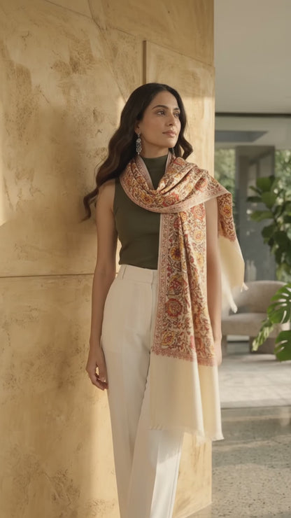 Ivory Nalki Pure Wool Jama Stole - Embroidered Wrap for Weddings & Festive Occasions