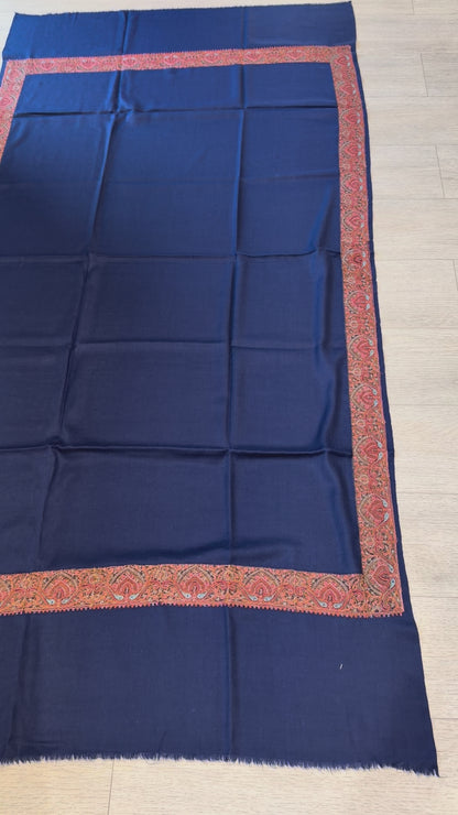 Navy Blue Sozni Wool Blend Shawl - Border Design for Everyday & Occasion Wear