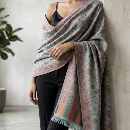 Turquoise Blue Kani Jamawar Shawl - Shimmer Embroidered Wrap for Evening Wear