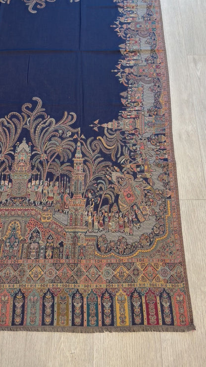 Royal Blue Kalamkari Wool Shawl - Double Border Paisley Design for Weddings & Gifting
