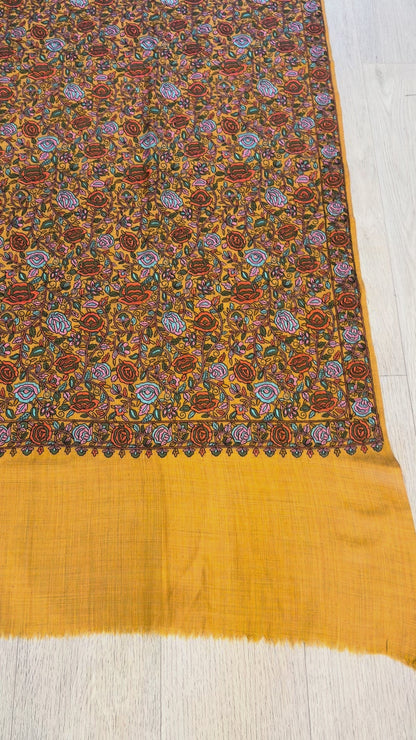 Mustard Yellow Sozni Wool Shawl - Jamawar Rose Embroidered Wrap for Evening Wear