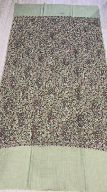 Sage Green Sozni Wool Shawl - Jamawar Embroidered Wrap for Evening Wear