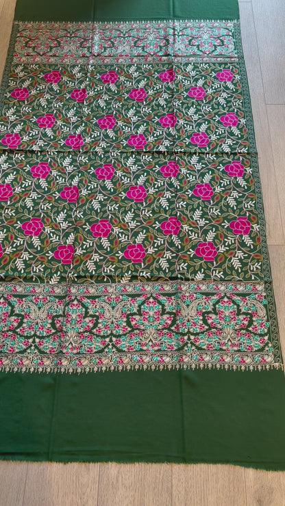 Bottle Green Nalki Rose Shawl - Embroidered Wool Blend Wrap for Everyday Wear