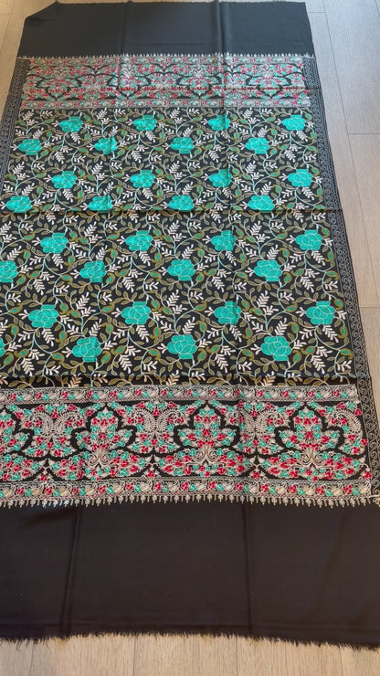 Black & Turquoise Nalki Rose Shawl - Embroidered Wool Blend Wrap for Everyday Wear