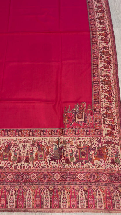 Pink Kalamkari Wool Shawl - Double Border Paisley Design for Weddings & Gifting