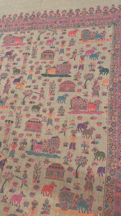 Beige Kani Wool Stole – Multifloral Design for Everyday Wear