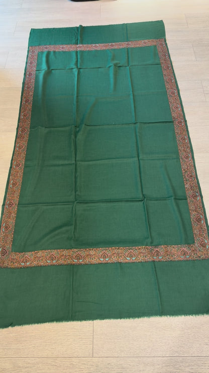 Forest Green Sozni Wool Blend Shawl - Border Design for Everyday & Occasion Wear