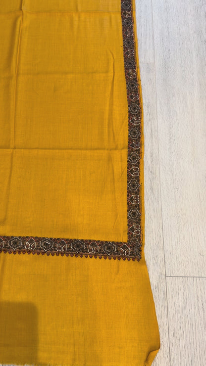 Yellow Sozni Wool Stole - Tilla Gold Embroidery Border