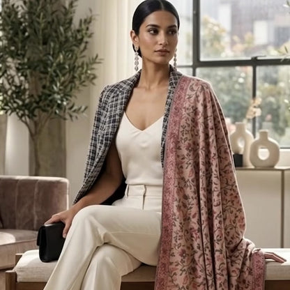 Magenta Pink Kani Jamawar Wool Blend Stole - Paisley Design for Everyday Wear