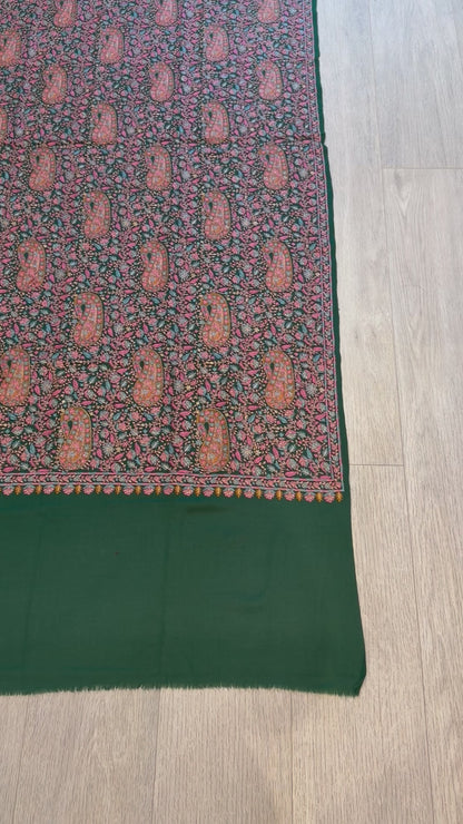 Green Sozni Wool Shawl - Jamawar Embroidered Wrap for Evening Wear